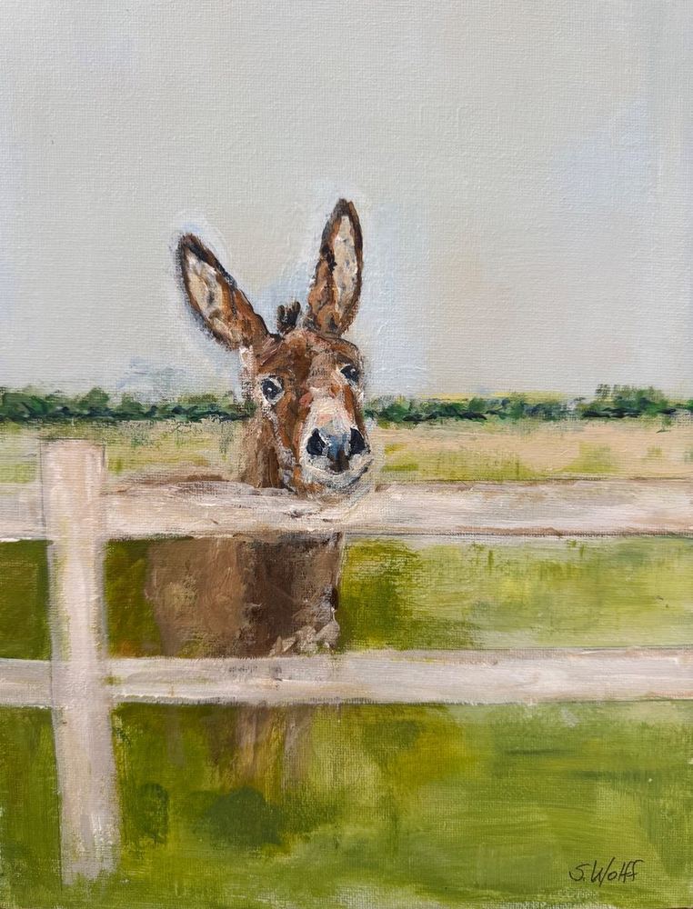 A donkey resting its chin on a white fence in a green field