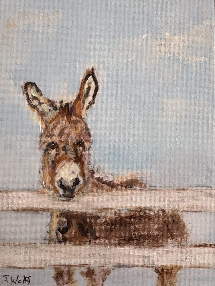 A brown donkey resting its chin on a white rail against a pale blue sky
